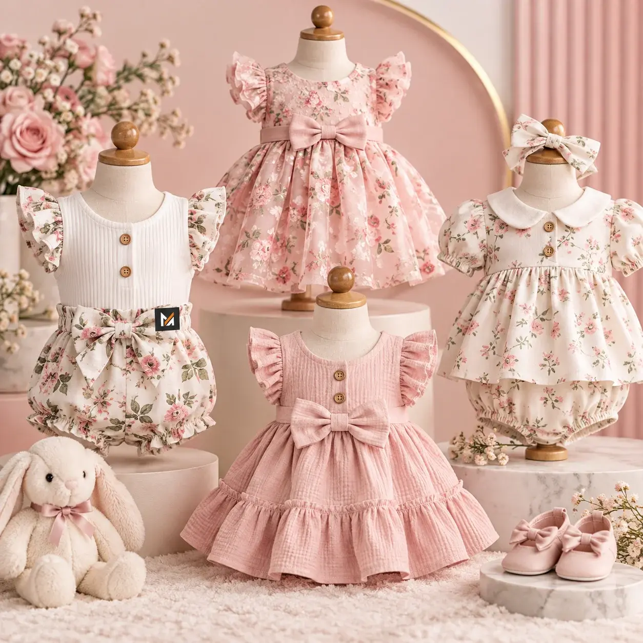 Baby dresses and matching clothing sets displayed on mannequins in soft pink and floral designs, featuring bows, ruffled details, and a visible Mega Apparel logo.